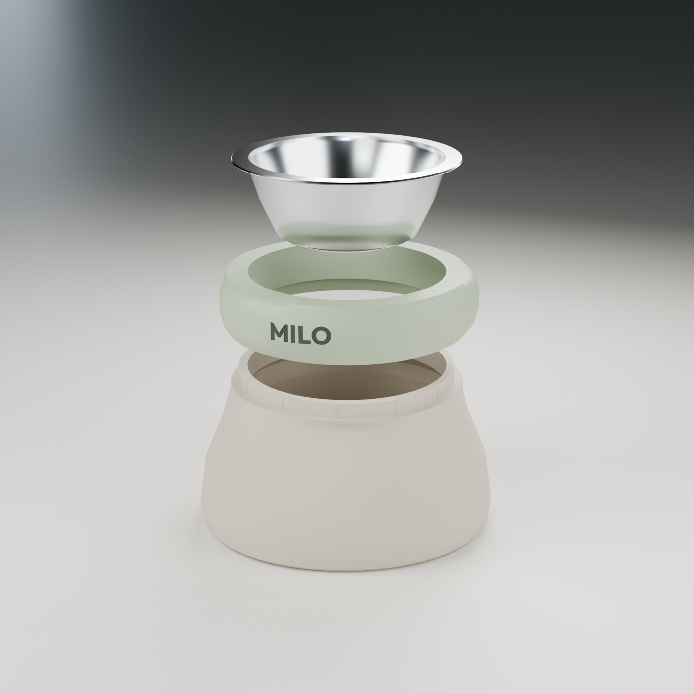 The parts of a Cairn stand: base, top with the name and the steel bowl