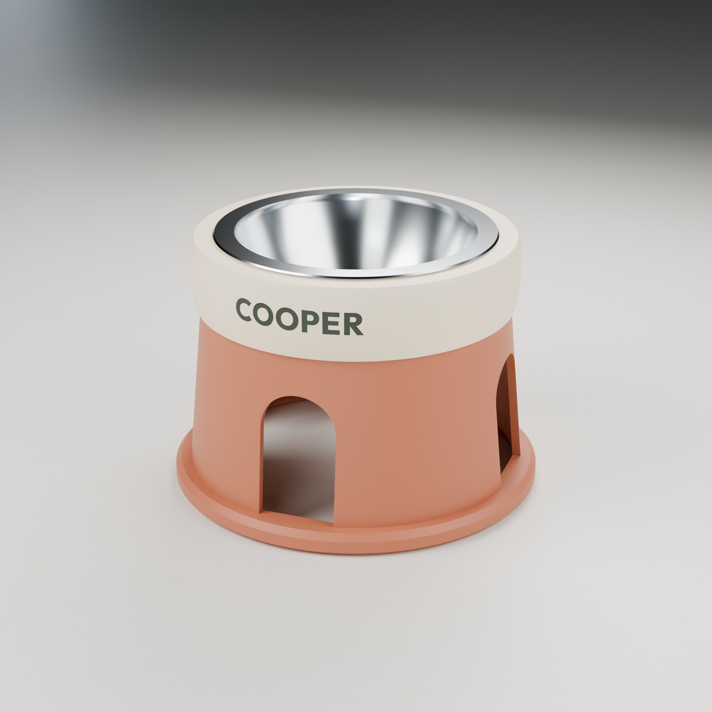 Vault stand in terracotta and cream with the name COOPER